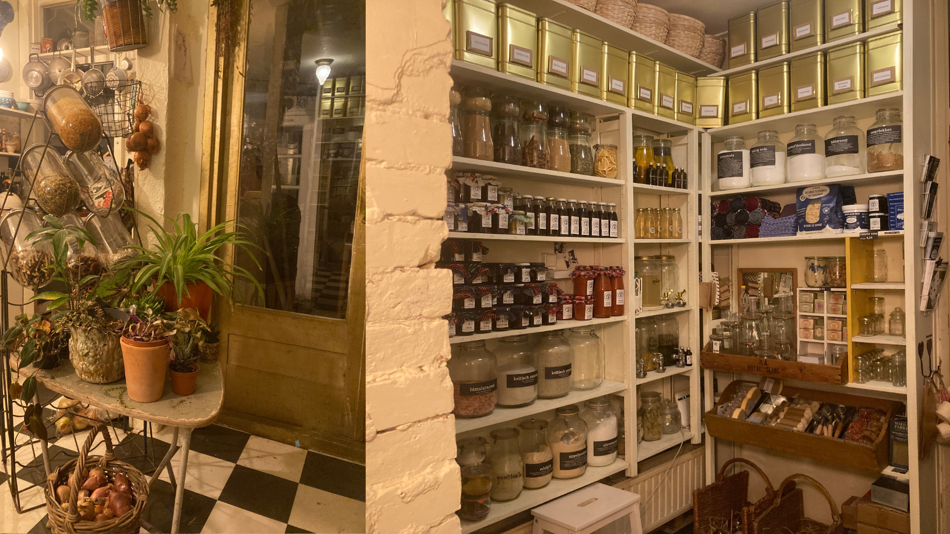 dubbelbeeld van winkelruimte met blikken met kruiden, inmaak, zouten, zeep, stopflessen met theemengsels, kamerplanten