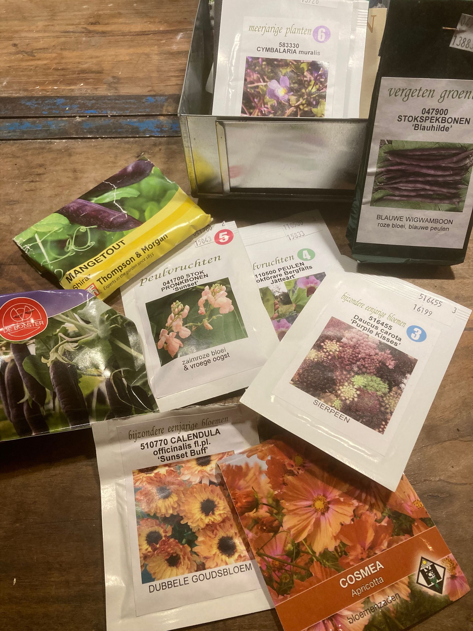 Seed packets for various plants displayed on a wooden surface.