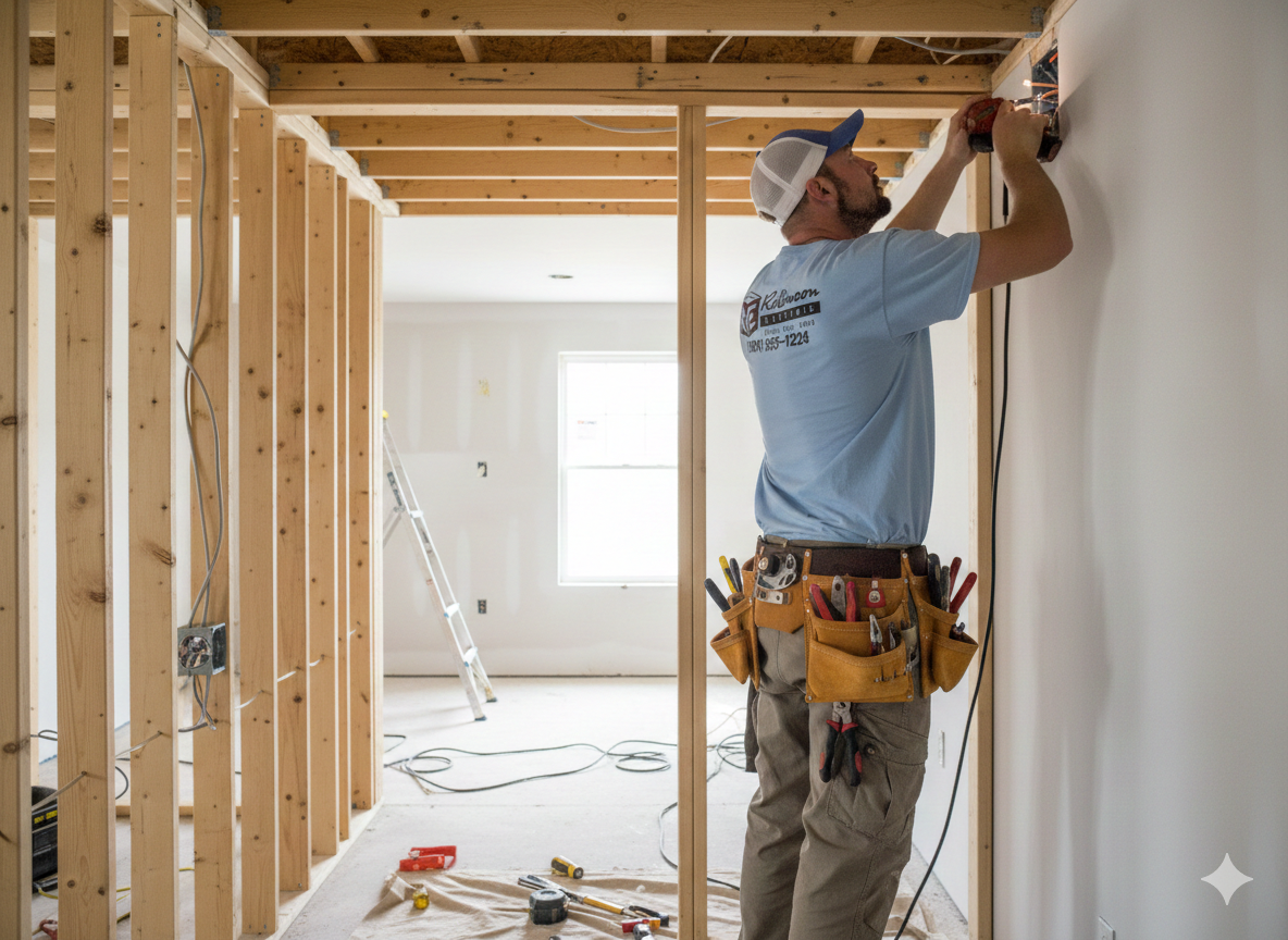 Electrical service panels mounted to wooden wall studs with multiple bundles of yellow and white electrical wiring.