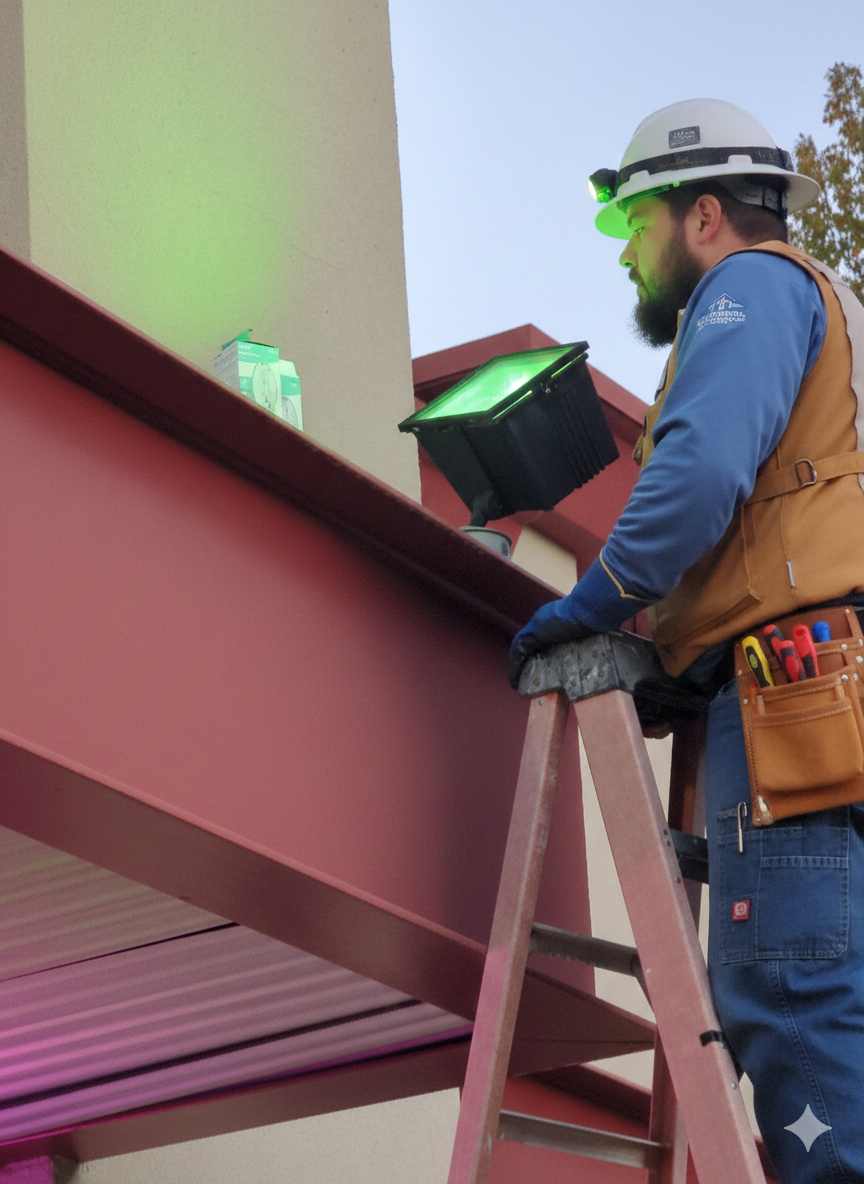 A person in a hard hat and utility vest stands on a ladder, using a bright green light to inspect a building's exterior.