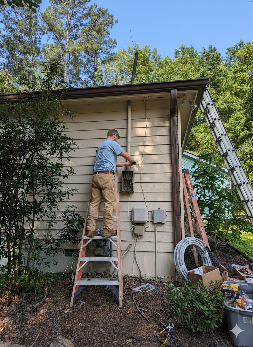 A person on a ladder repairs electrical wiring on the exterior wall of a house near a wooded area.