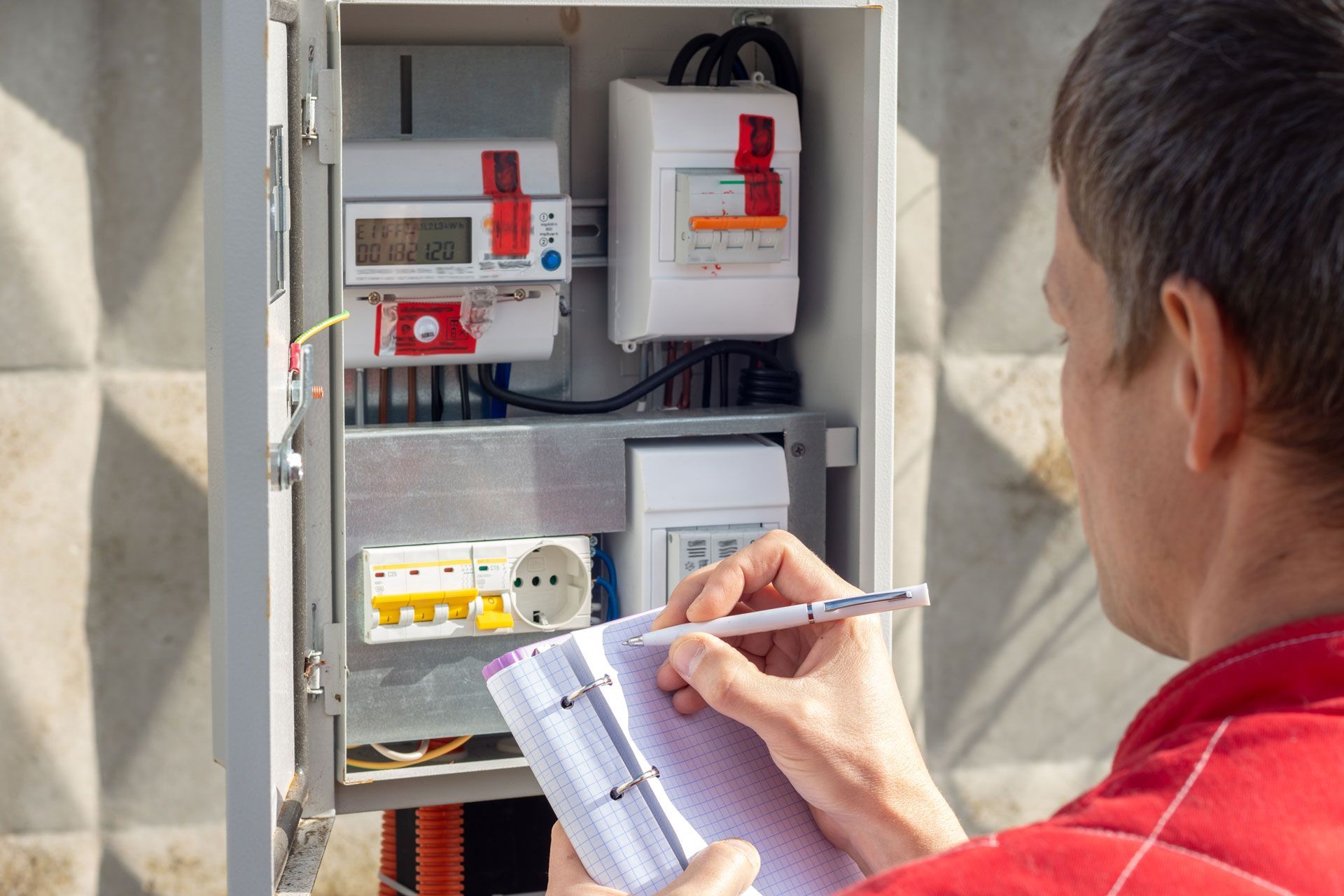 A person in a plaid shirt flips a breaker switch in a gray electrical service panel.