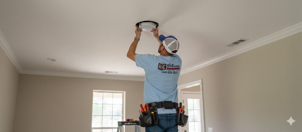 Person on a ladder installing a ceiling light