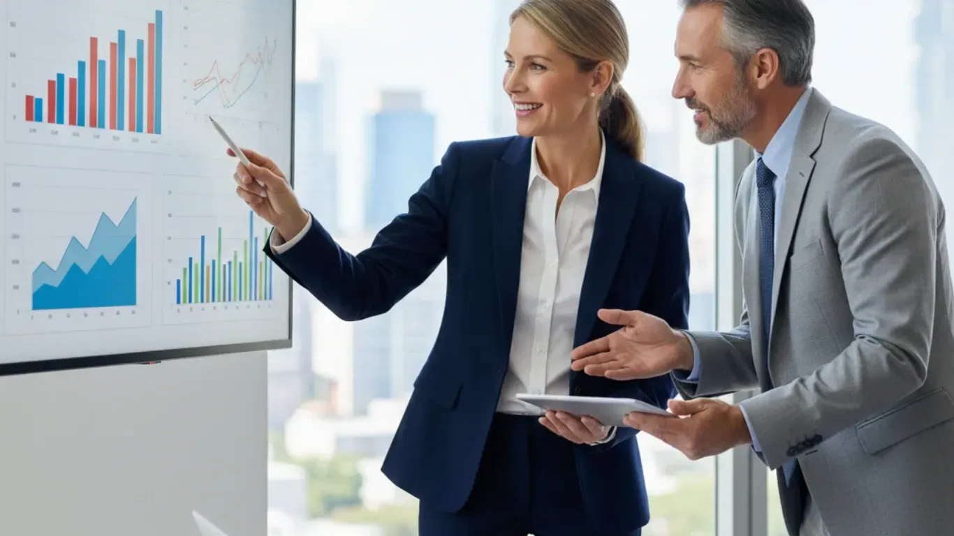 Business owner reviewing improved performance analysis results and upward financial trends with KPI Solutions Chelmsford MA