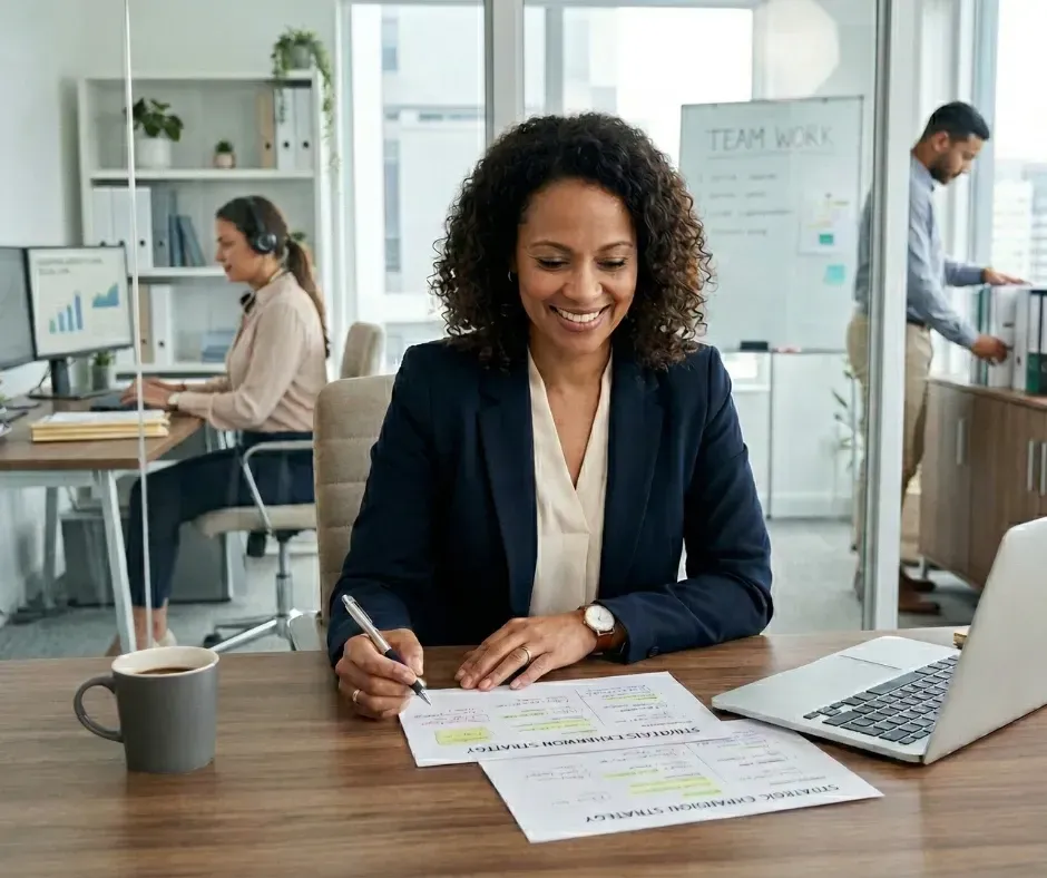 Business owner strategic planning while administrative tasks handled efficiently office administration services Chelmsford Massachusetts