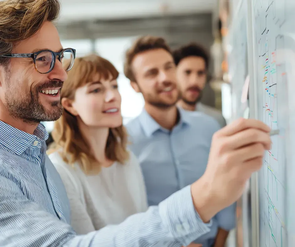 Professional office environment with a KPI Solutions advisor working alongside a business owner, with subtle Chelmsford or Merrimack Valley setting visible
