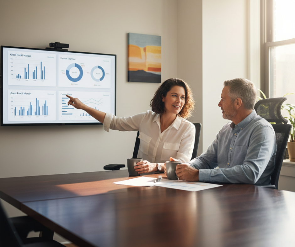 Small business owner reviewing financial reports and accounting services with KPI Solutions in Chelmsford Massachusetts