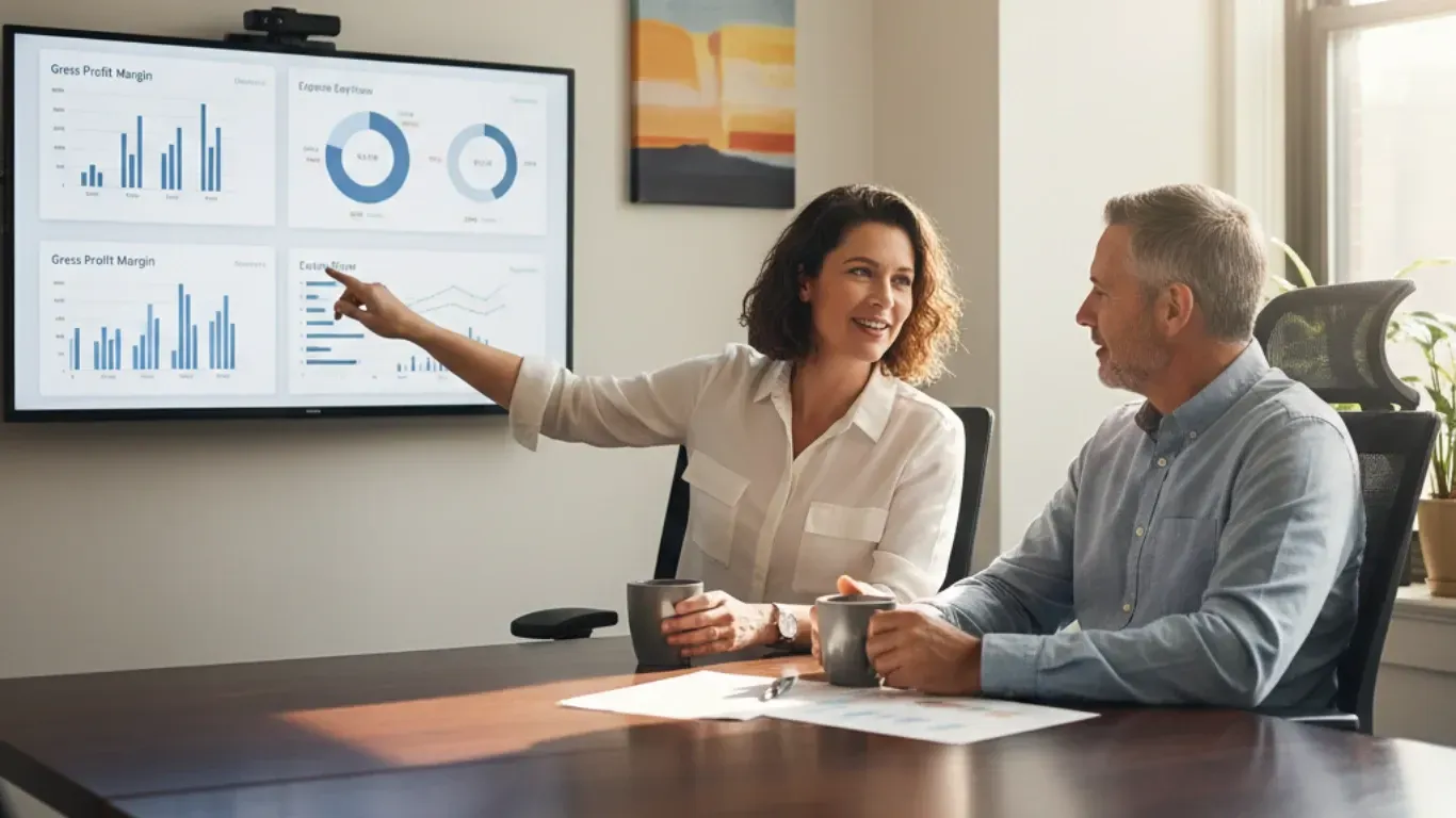 Fractional CFO advisor meeting with a small business owner in Chelmsford MA to review financial strategy