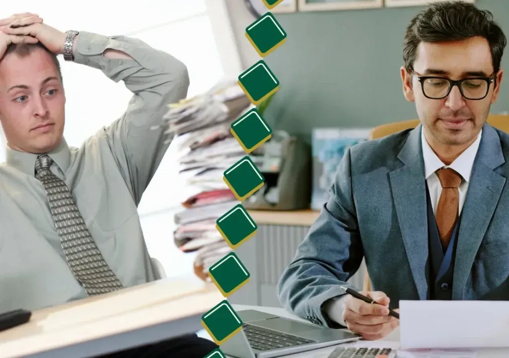 Office administration services business owner overwhelmed paperwork versus organized workspace Chelmsford Massachusetts KPI Solutions