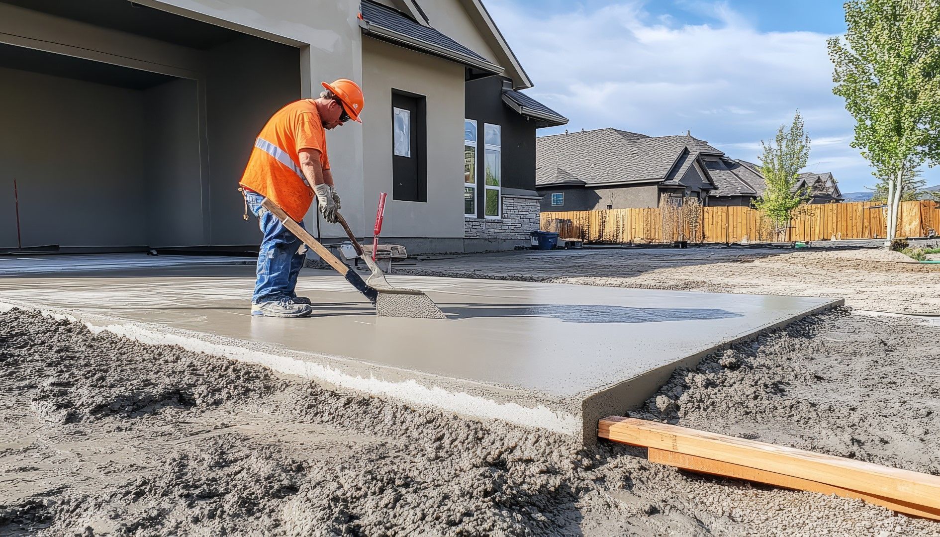 Construction worker smoothing wet concrete sidewalk near house.