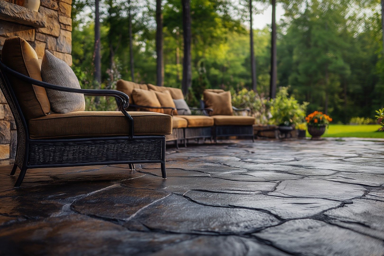 Patio with brown wicker furniture, stone wall, and stamped concrete floor in a lush green outdoor setting.