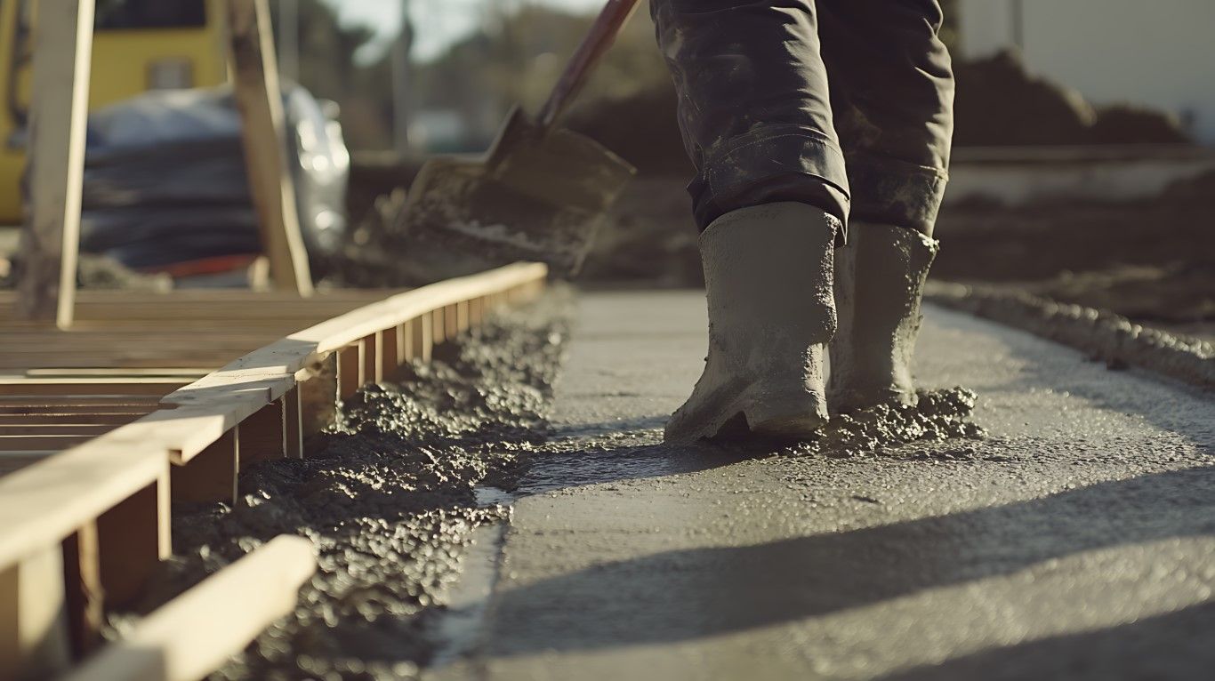 Person in boots smoothing wet concrete with a tool; construction site.