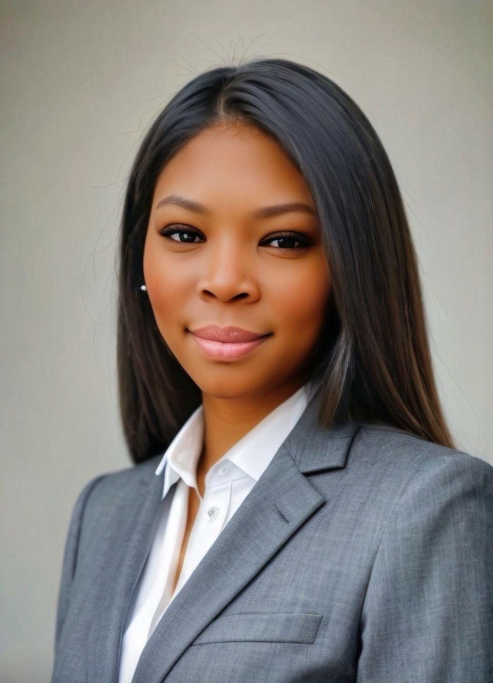 A woman in a suit and white shirt is smiling for the camera.