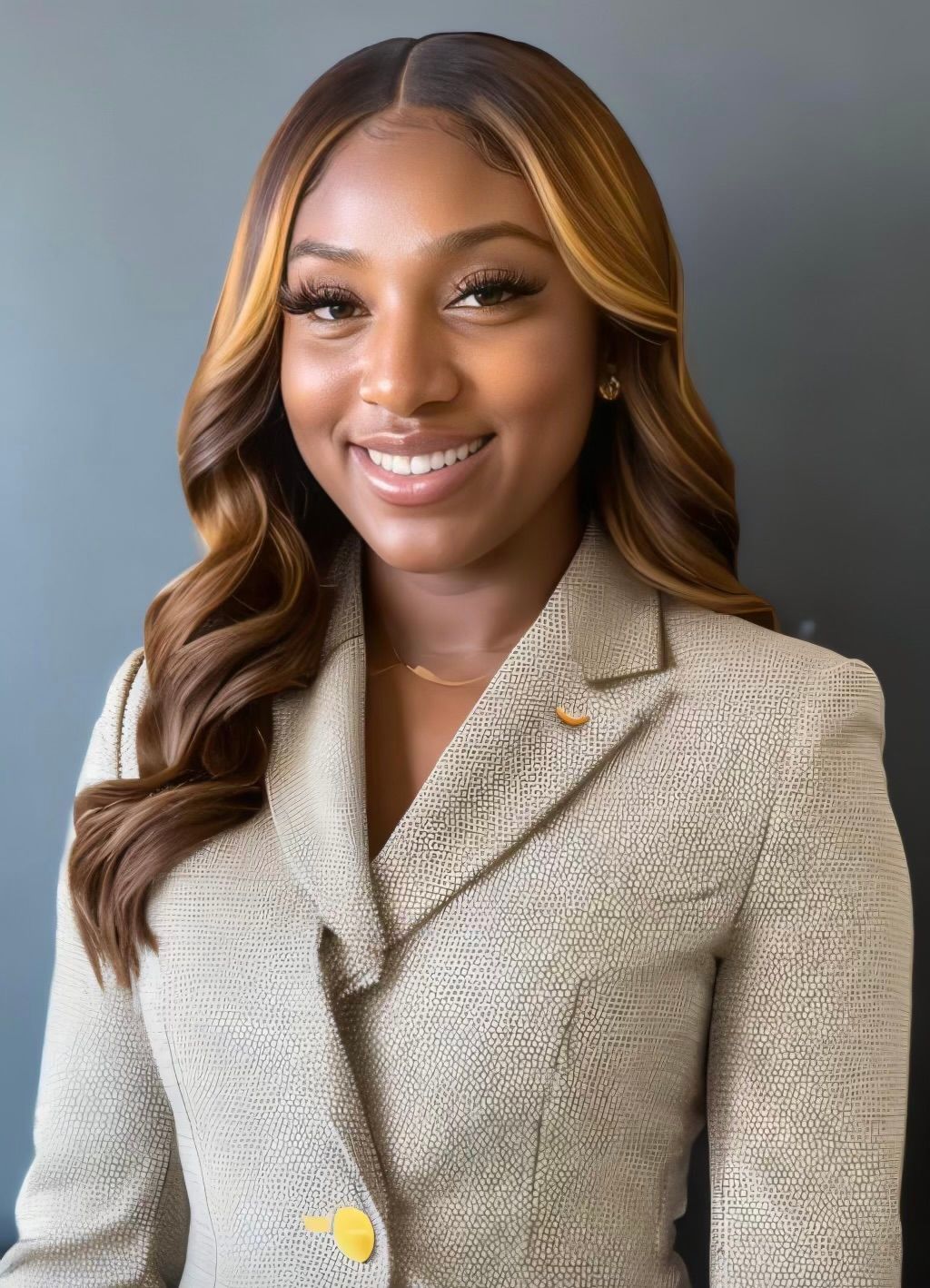 A woman in a suit is smiling for the camera.