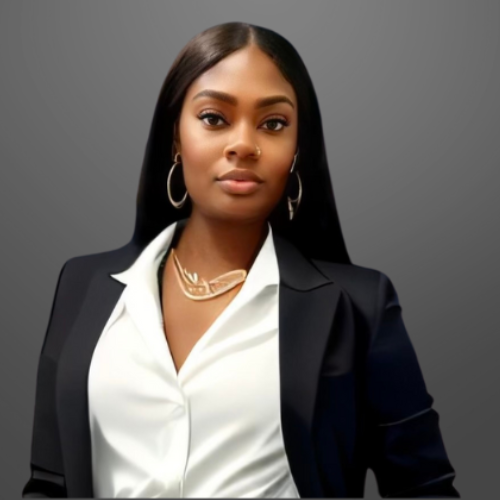 A woman wearing a black jacket and a white shirt