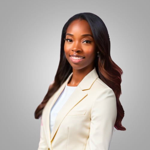 A woman in a blue suit and white shirt is smiling for the camera.