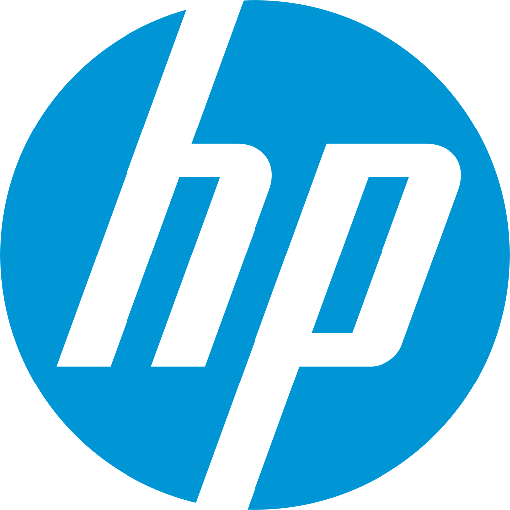 A blue and white hp logo on a white background