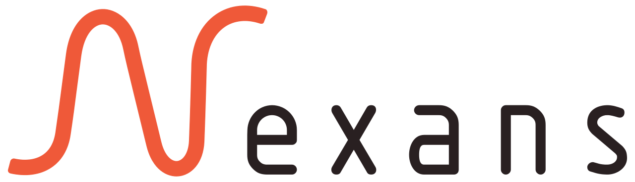 A red and black logo for nexans on a white background