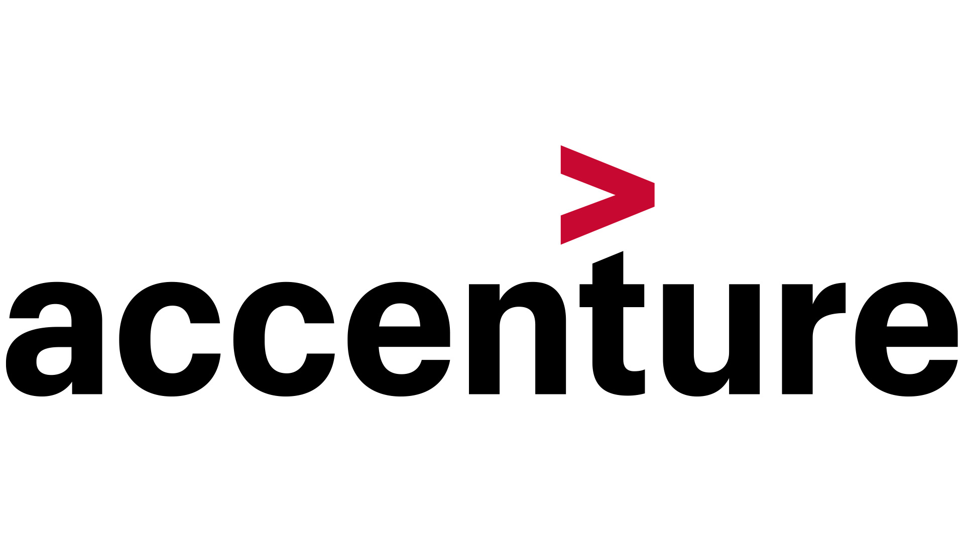 The logo for accenture is black and red with a red arrow.