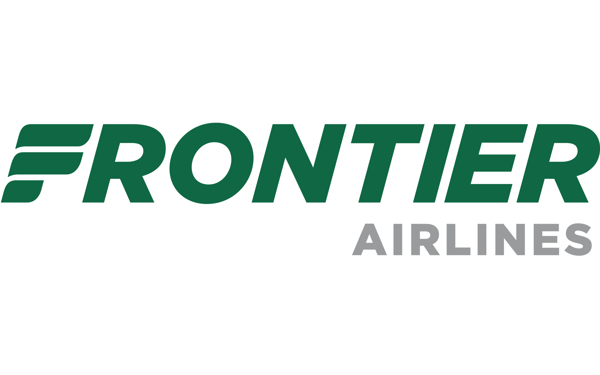 The frontier airlines logo is green and white on a white background.