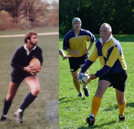 A man in a black shirt is holding a rugby ball