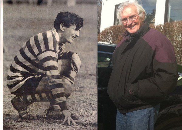 A black and white photo of a man in a striped shirt