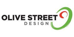 The logo for olive street design is a green and red circle.