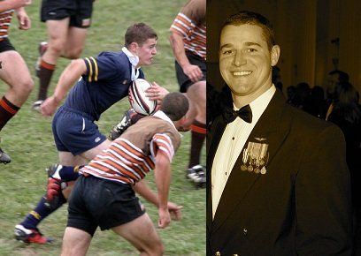 A black and white photo of a rugby game and a man in a tuxedo