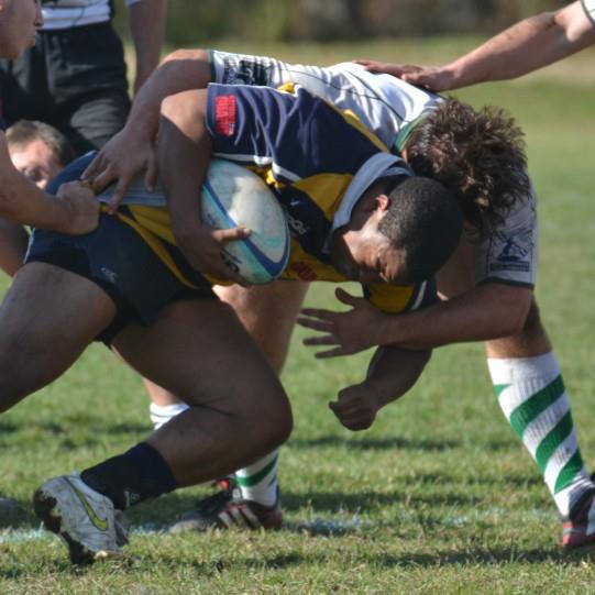A group of rugby players are playing on a field
