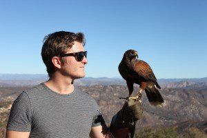 A man is holding a bird on his hand.