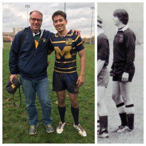 Two men standing next to each other with one wearing a jersey with the letter m on it