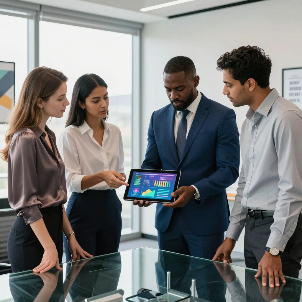 Four professionals gathered around a glass table in a bright office, reviewing business charts on a tablet.