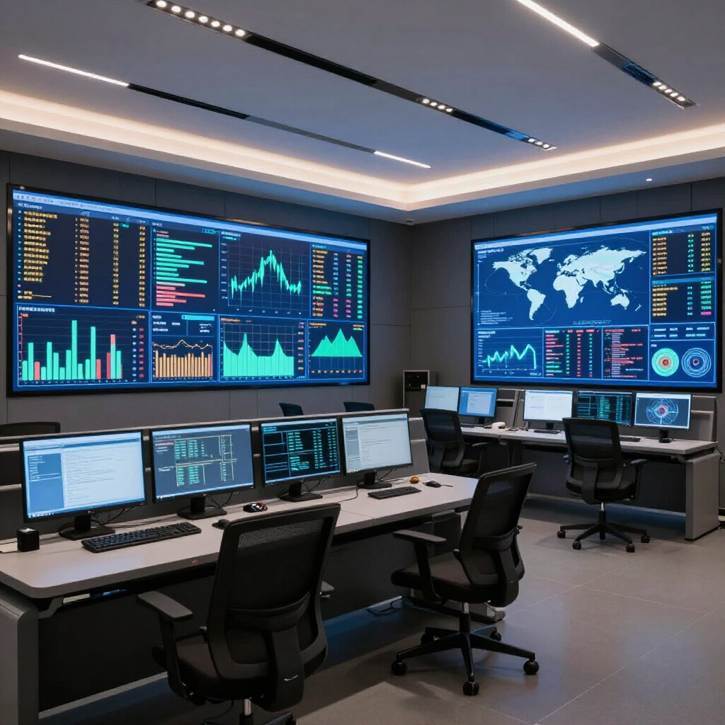 A modern office control room with large wall-mounted screens displaying data, charts, and a map, with several workstations.