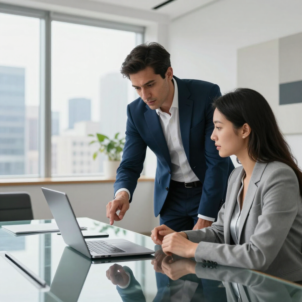 Two professionals in business attire looking at a laptop together in a bright, modern office with a city view.
