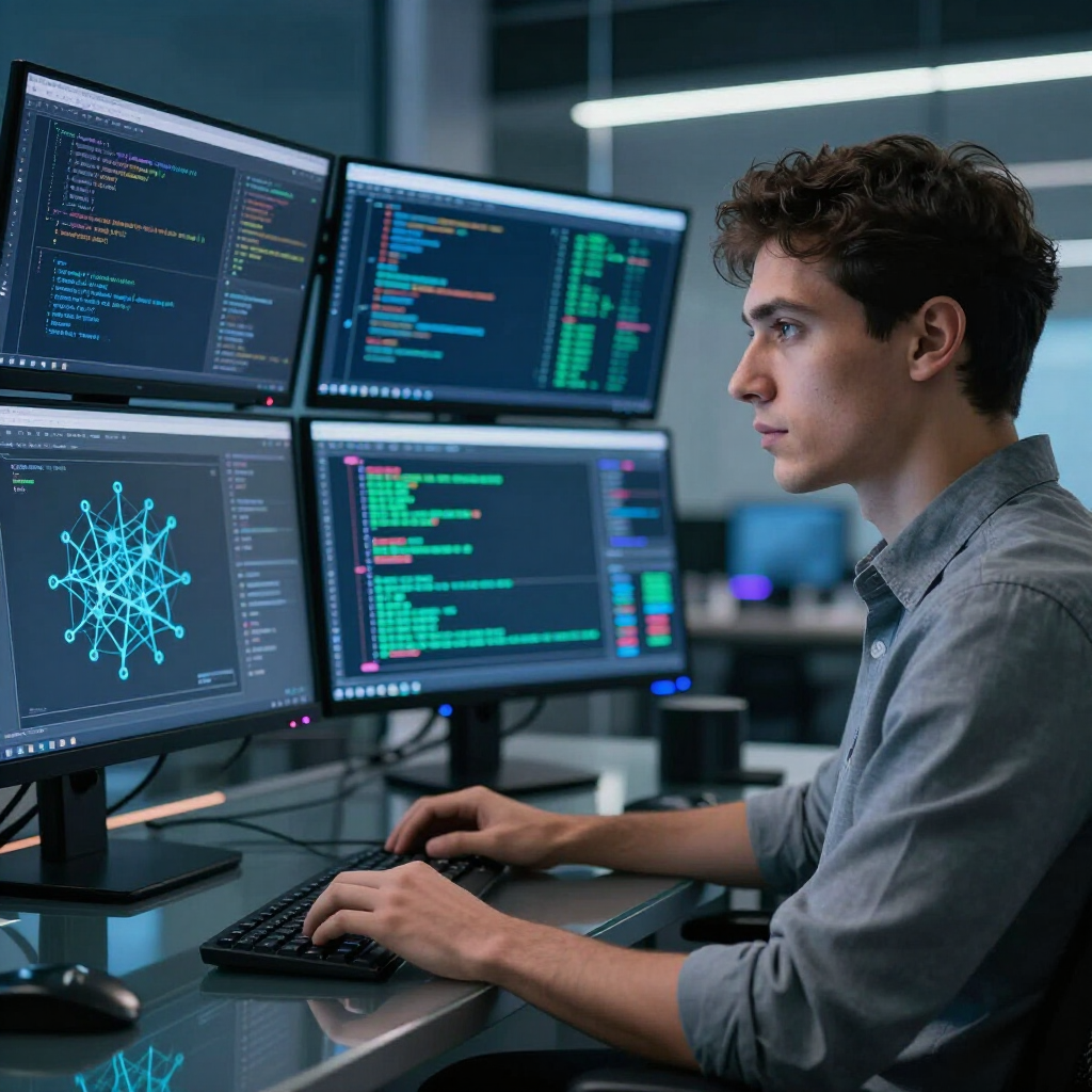 A professional developer works at a multi-monitor desk, typing code and analyzing a digital geometric model.
