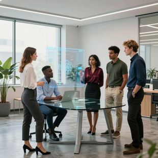 Four colleagues stand around a glass meeting table in a modern office, observing a digital hologram of a brain.