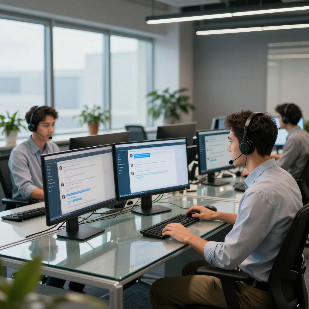 Employees in headsets work at desks with dual monitors in a modern, well-lit office with plants by the windows.