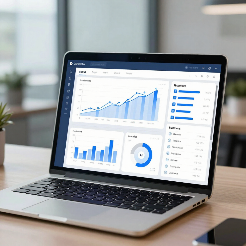 A laptop on a wooden desk displaying a blue-themed business analytics dashboard with various charts and data.