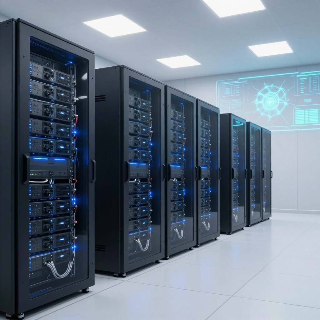 A row of black server racks with glowing blue lights in a sterile, bright data center with a digital display on the wall.