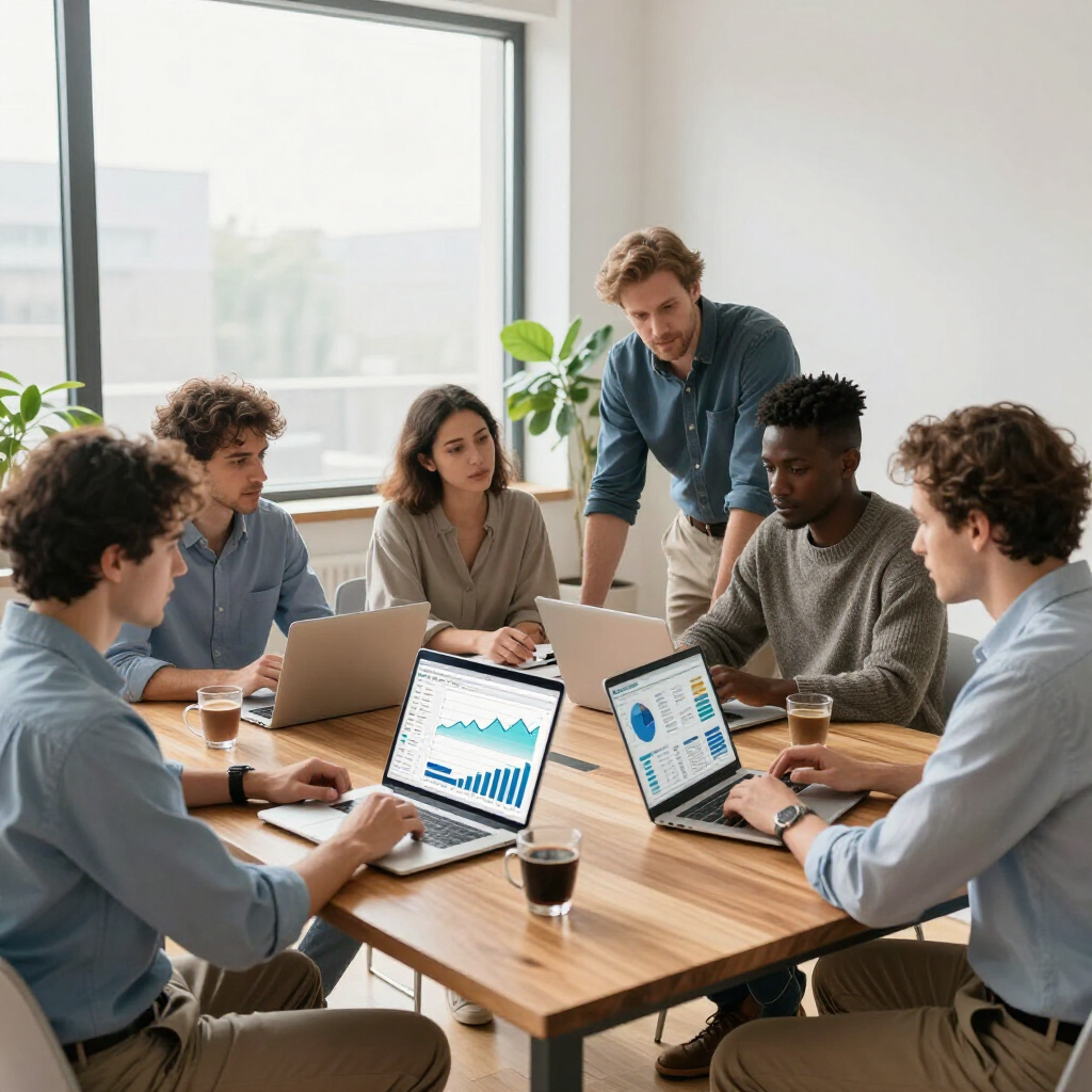 A diverse group of colleagues collaborate around a wooden table with laptops displaying data charts in an office.