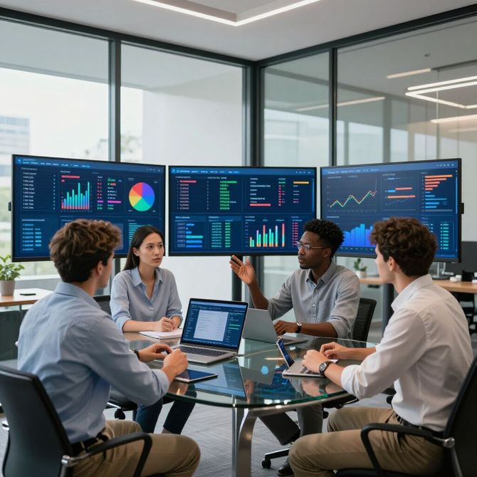 Colleagues in a modern office review data visualizations on three large screens and a laptop around a glass conference table.