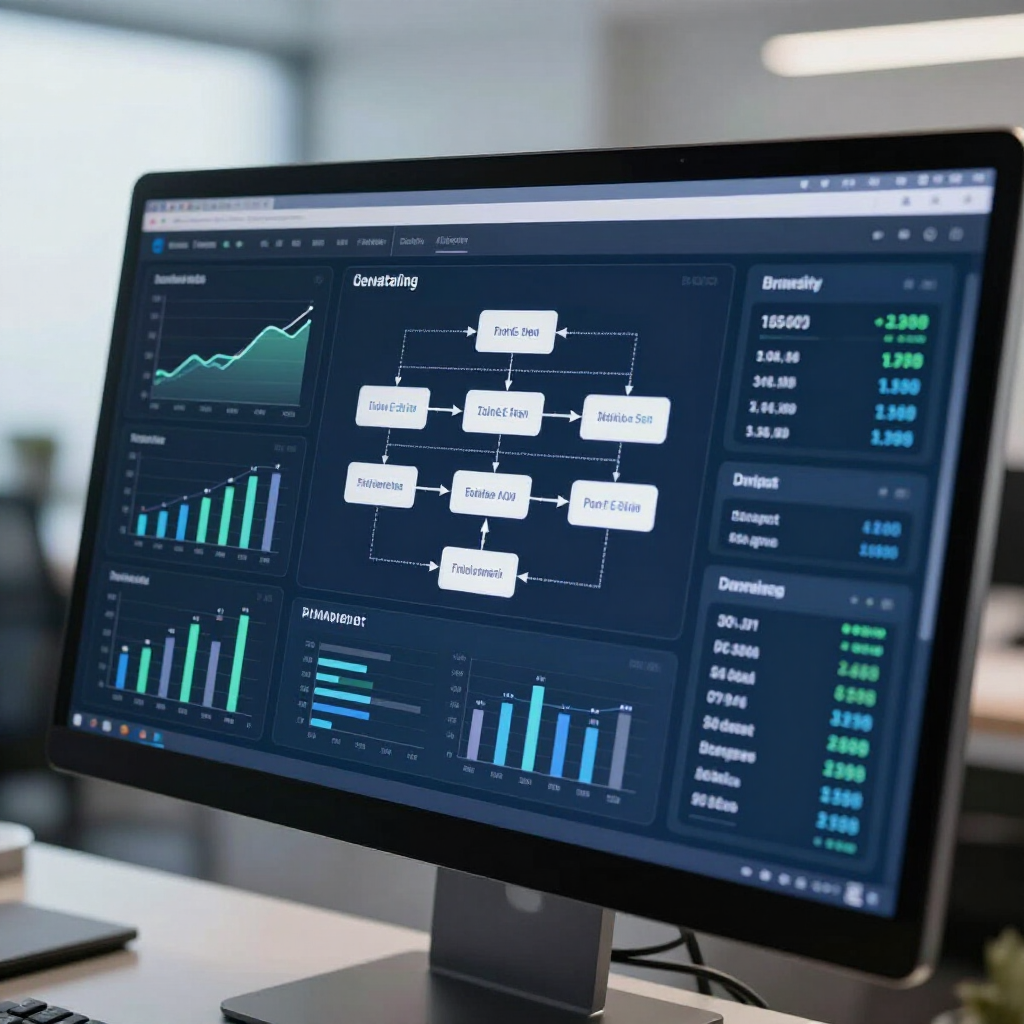 Computer monitor displaying a dark-mode dashboard with business data charts, a flow diagram, and numerical analytics.