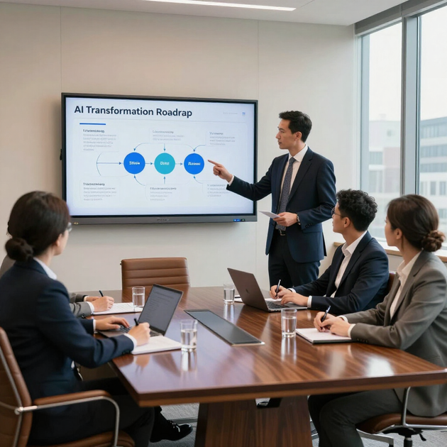 A presenter gestures to an AI transformation roadmap on a screen during a professional meeting in a conference room.