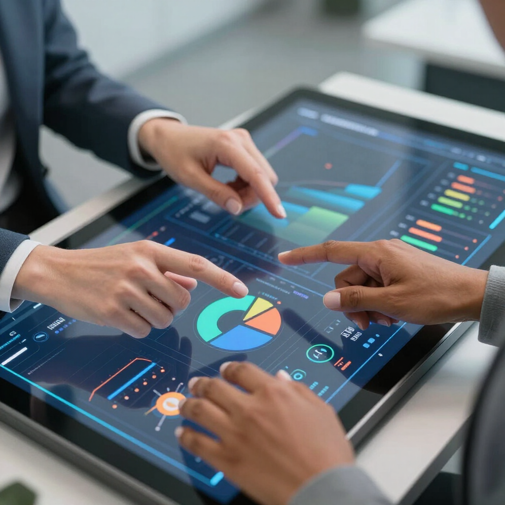 Two people touch a digital screen displaying interactive charts and data visualizations in a professional setting.