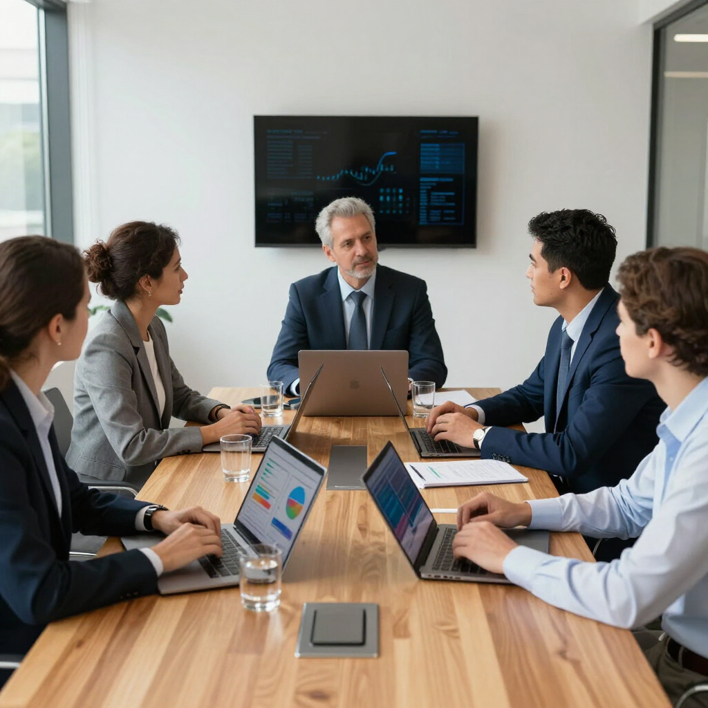Five colleagues in business attire sit around a wooden conference table in an office, discussing data on their laptops.