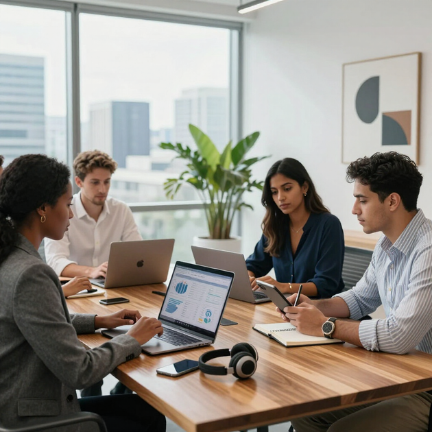 Four professionals work around a wooden table in a bright office, using laptops to collaborate on a business project.