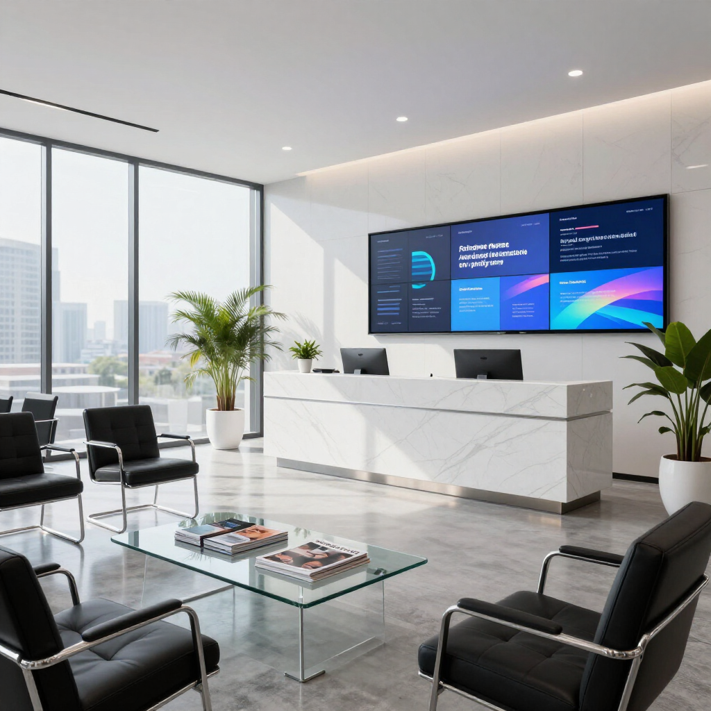 A modern office reception with a marble desk, black chairs, a glass coffee table, and a large digital screen on the wall.