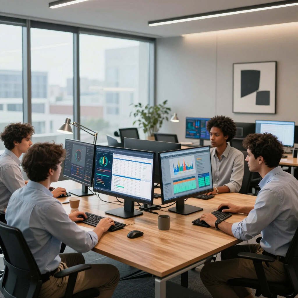 Three people working at computers in a bright, modern office with large windows.