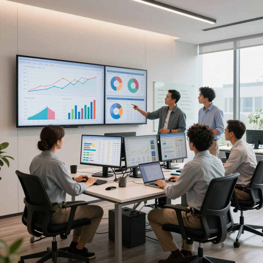 A team collaborating in a bright office, reviewing data charts on large wall-mounted screens and individual computers.