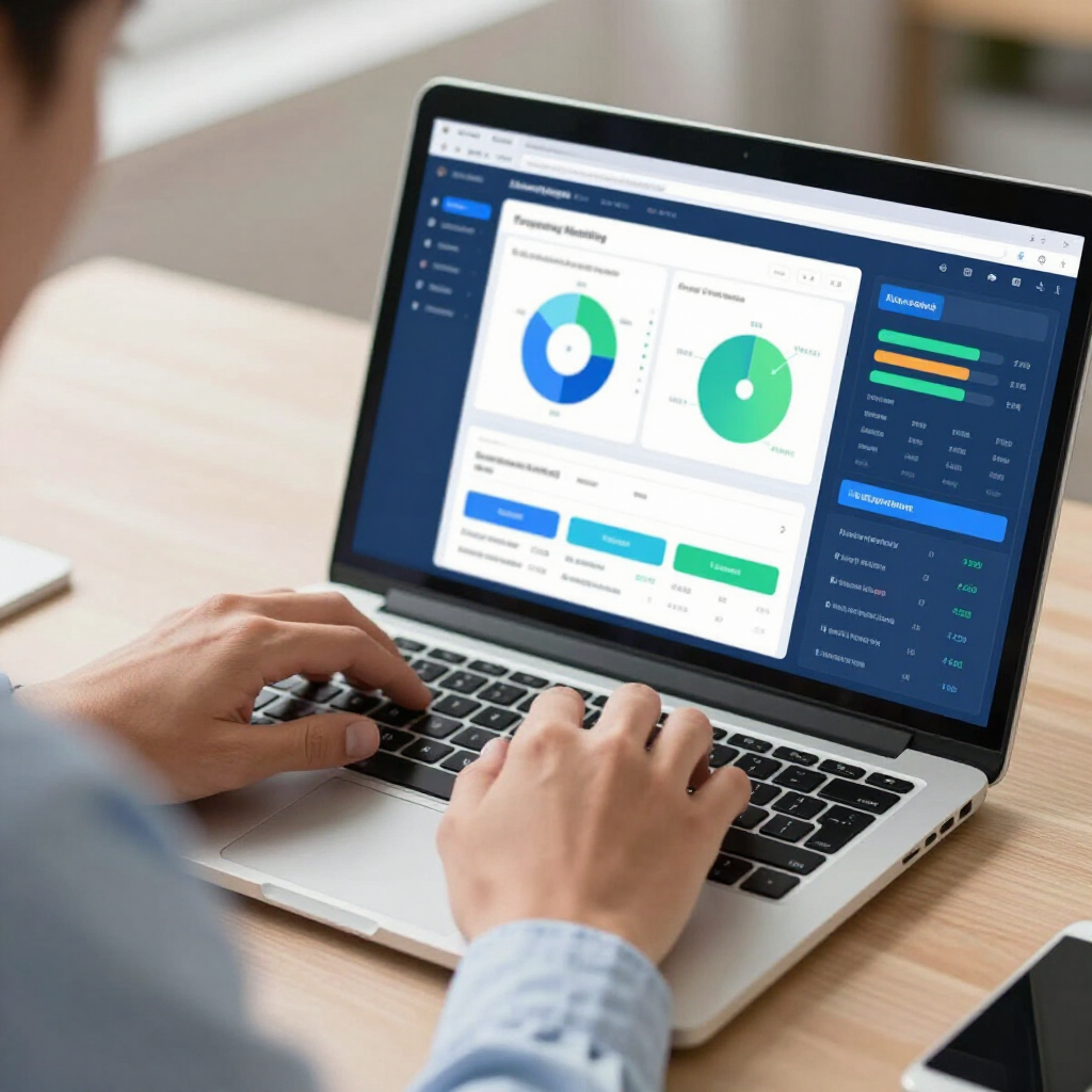 A person working on a laptop at a desk, displaying a dashboard with data visualization charts and metrics.